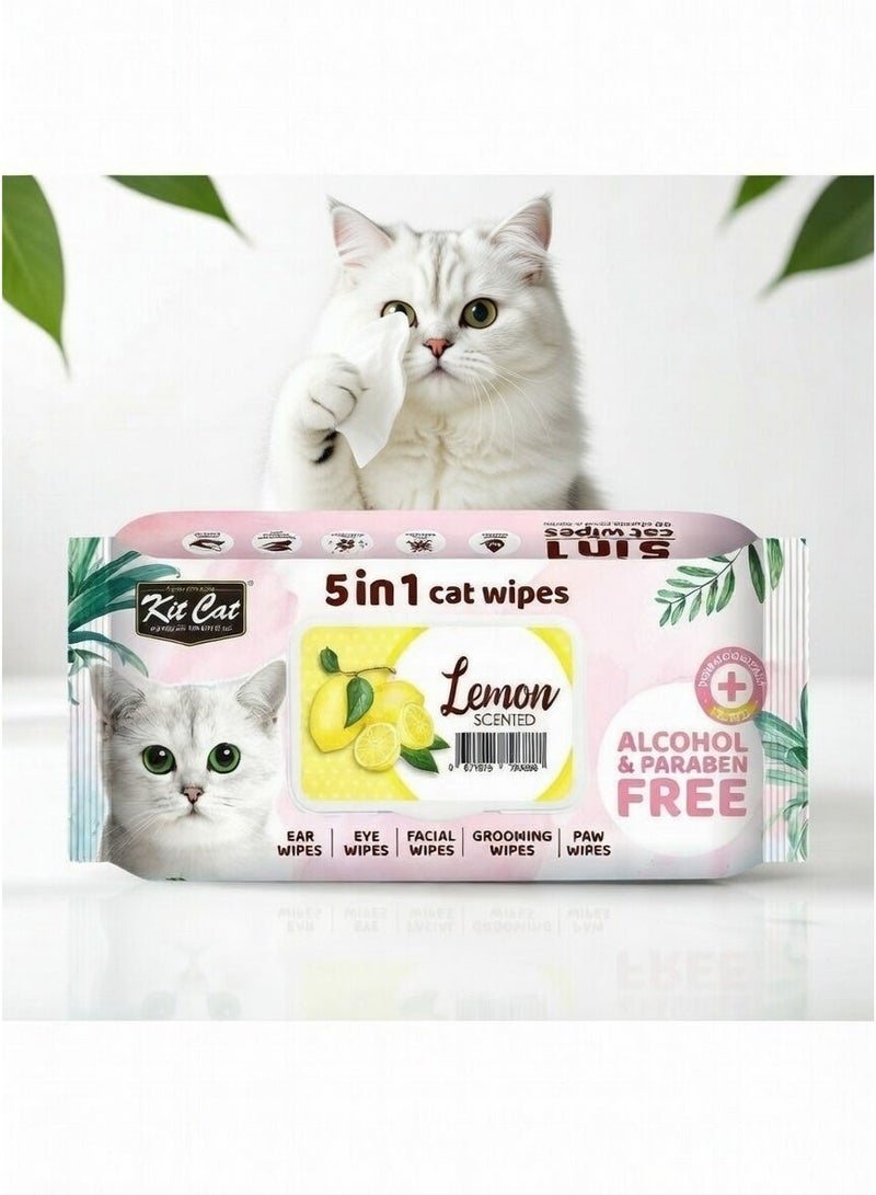 كيت كات مناديل مبلله للقطط برائحة الليمون - مناديل مبللة للقطط 5 في 1 لتنظيف الأذن، العين، الوجه، الفرو والكفوف - 80 منديل - Image 1